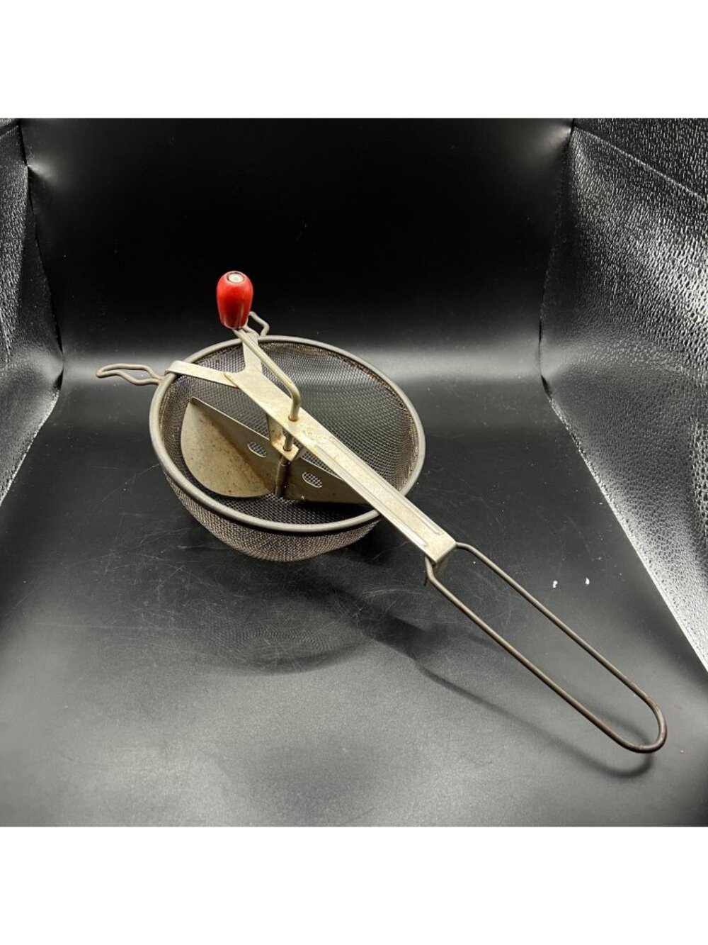 A&J Metal Food Mill Strainer With Red Wooden Handle Mesh Basket Rusty Crusty VTG